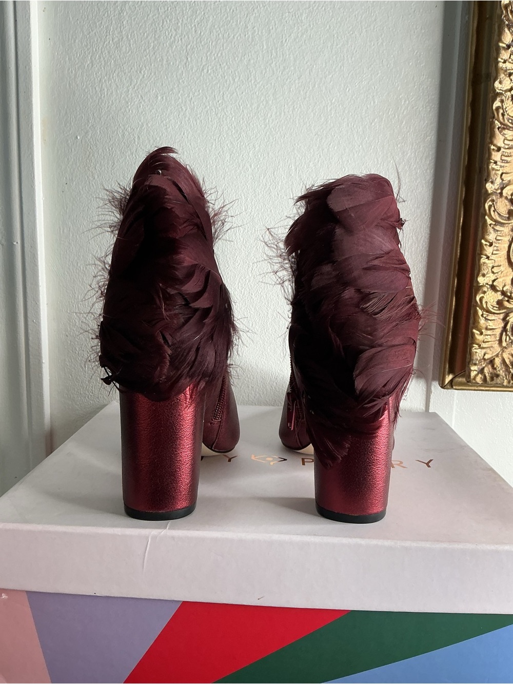 Katy Perry Collections Metallic Burgundy Ankle Boots with Feather Heel - Picture 8 of 9